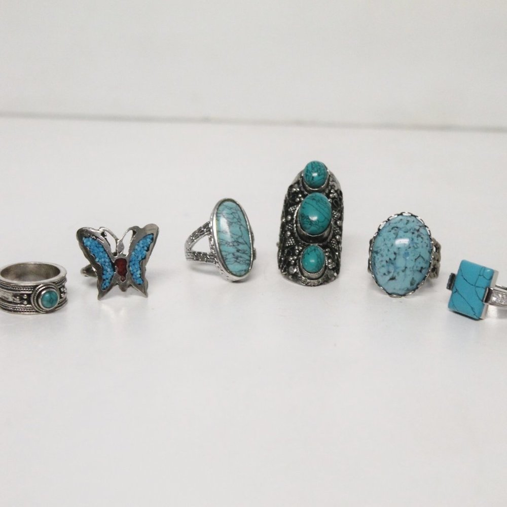 6 New Silver & Turquoise Ornate Statement Cocktail Rings